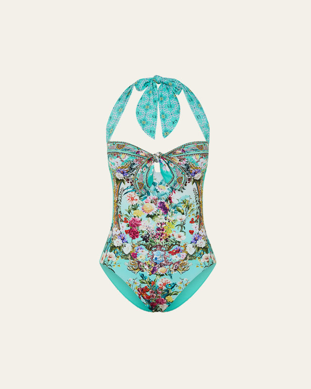 Gardens of Queluz Tie-Front Halter One-Piece Swimsuit